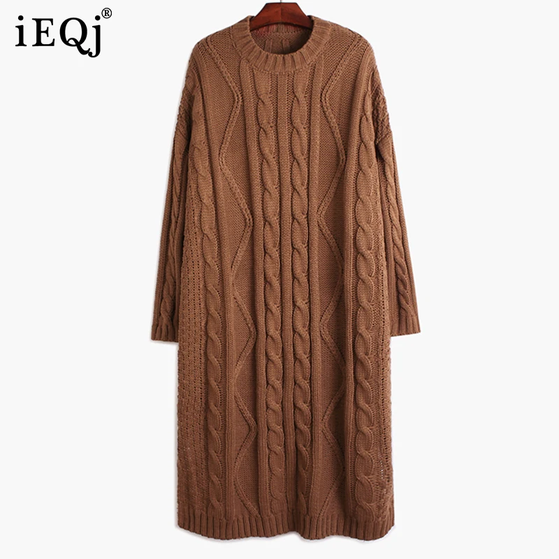 

IEQJ 2021 Autumn Winter New Loose Knitted Dress Women Twist Solid Color Long Sleeve Round Neck Dresses Female Fashion 3W278