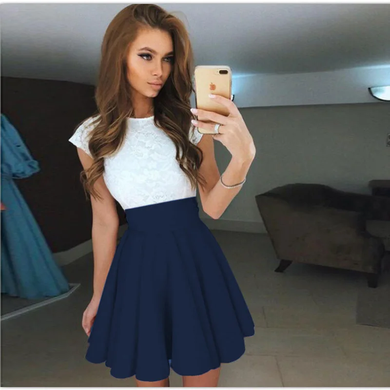 Cute Girl's Lace Mini Dress Summer 2019 Women Fashion Patchwork Slim yellow A-line Party White Ball Gown Dresses Vestidos | Женская