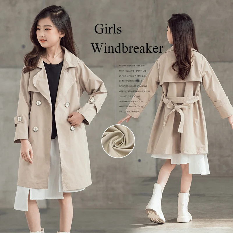 

Teenage Trench Coats for Girls Outerwear 2023 Spring Kids Khaki Windbreaker Girls Clothes Long-sleeved Tops Children Jackets