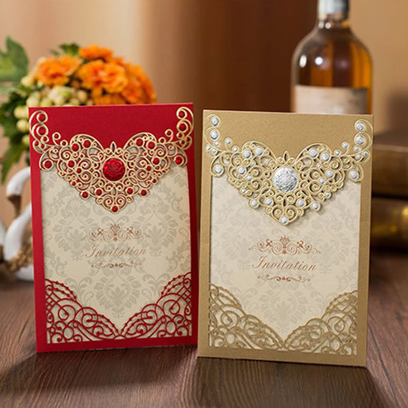 

10pcs Gold Laser Cut Rose Love Heart Wedding Invitations Card Greeting Cards Customize Envelopes with Ribbon Wedding Party Decor