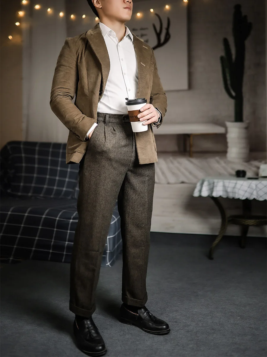 

Брюки мужские шерстяные в английском ретро стиле, твидовые укороченные штаны, повседневные свободные драпированные прямые штаны, длинные ш...