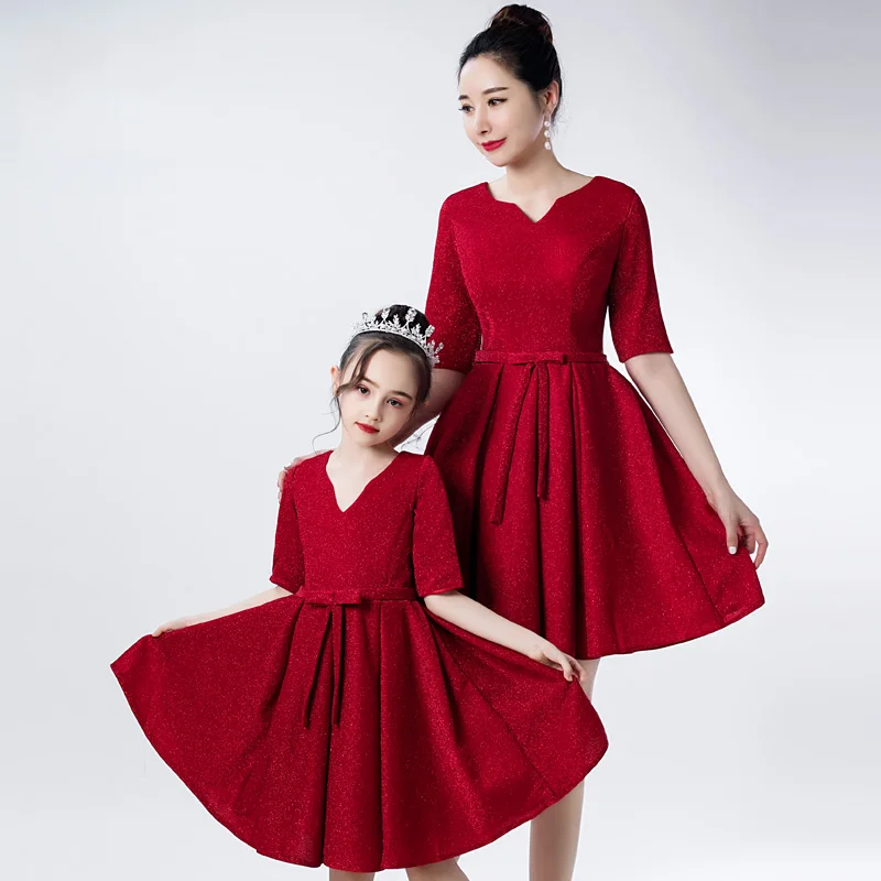 Бордовое вечернее платье для матери и ребенка CB121 ТРАПЕЦИЕВИДНОЕ праздвечерние