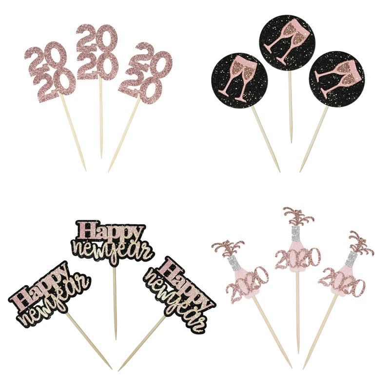 24 шт./упак. розовое золото с новым годом 2020 бумажный Топпер для кексов тортов