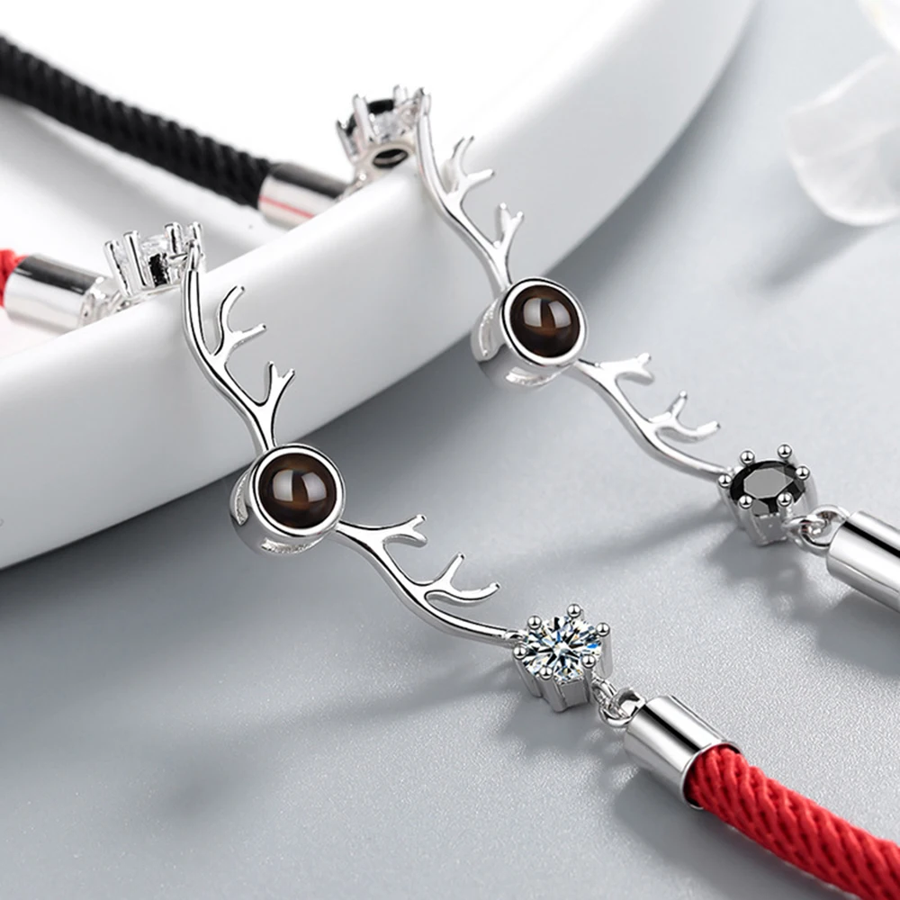 

Charm Antlers Projection Bracelet 100 Languages I Love You Bangles for Women Men Fashion Simple Jewelry Valentine's Day Gift