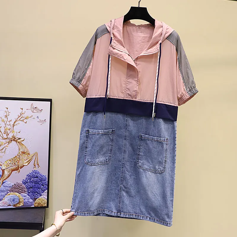 Летнее женское джинсовое платье большого размера модное лоскутное до колена с