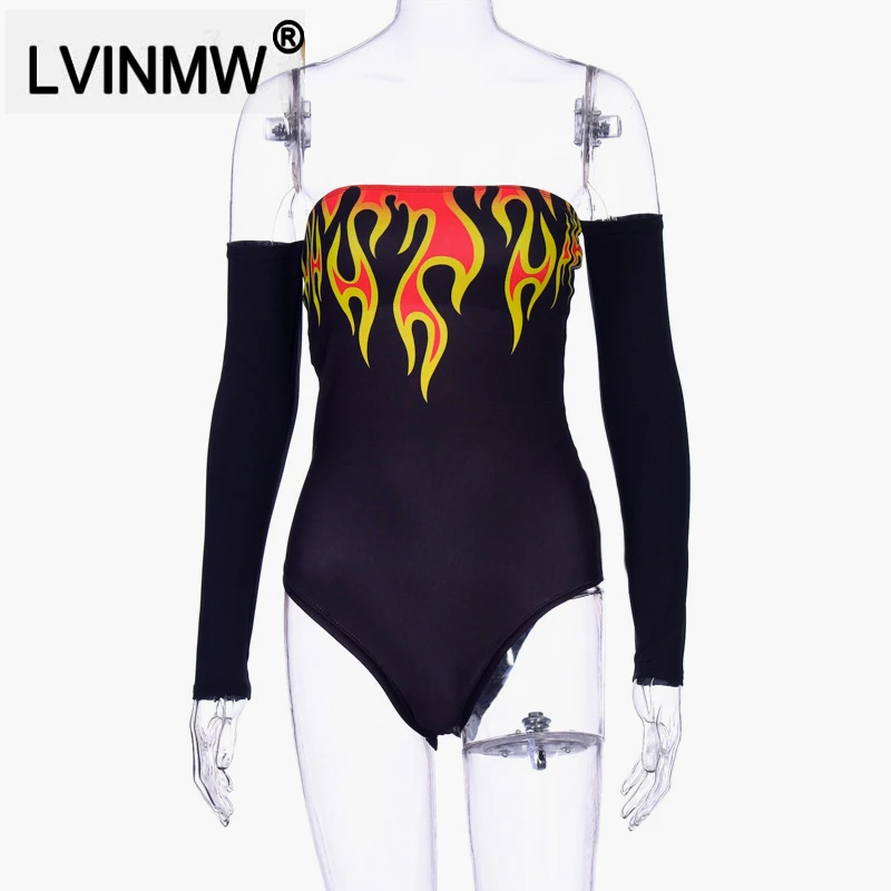 

LVINMW Fashion Flame Print Slash Neck Long Sleeve Bodysuits 2019 Autumn Women Sexy Skinny Off Shoulder Romper Female Club Tops