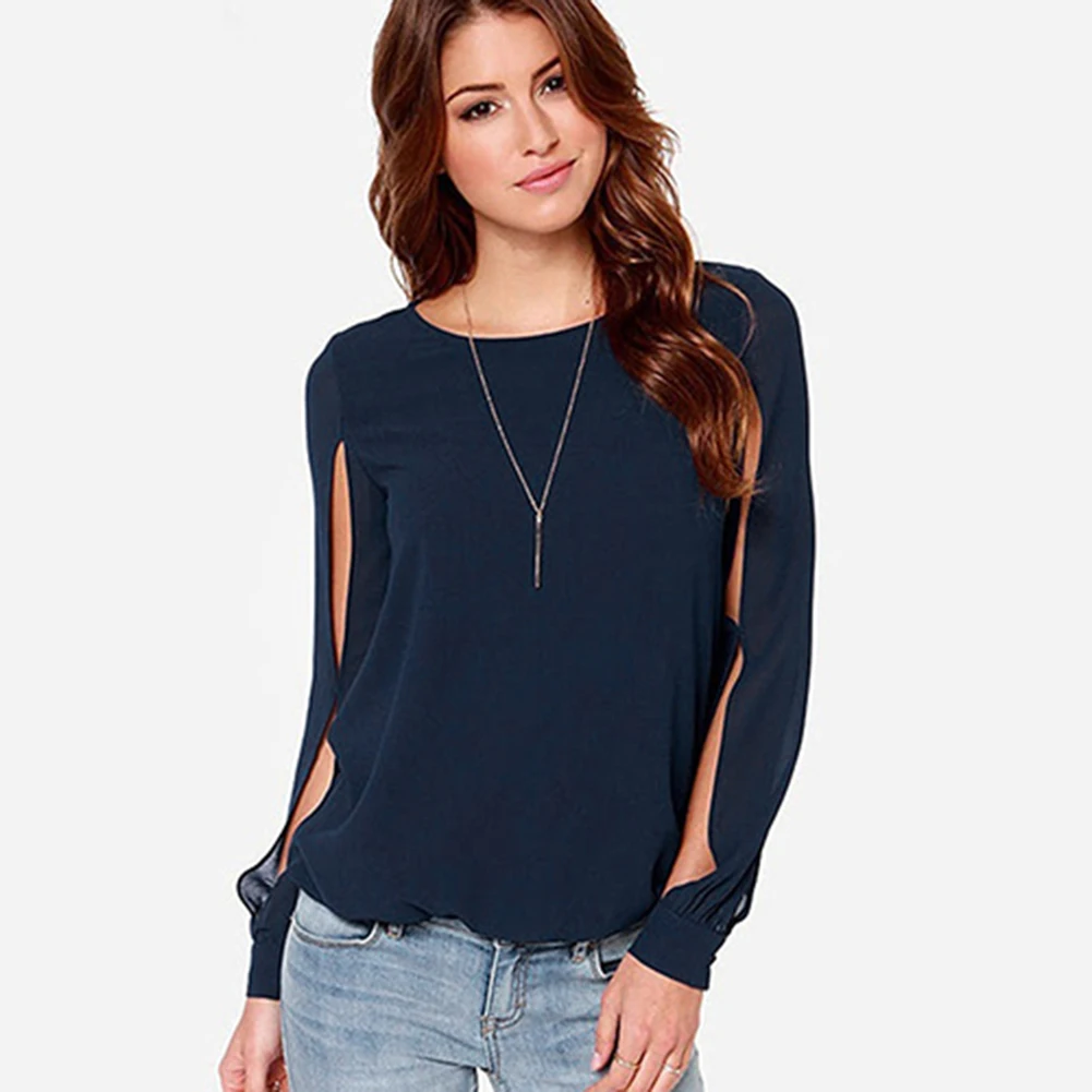 

Sexy Women's Loose Chiffon Blouses Hollow Long Sleeve Shirt Casual solid street style Blouse Tops