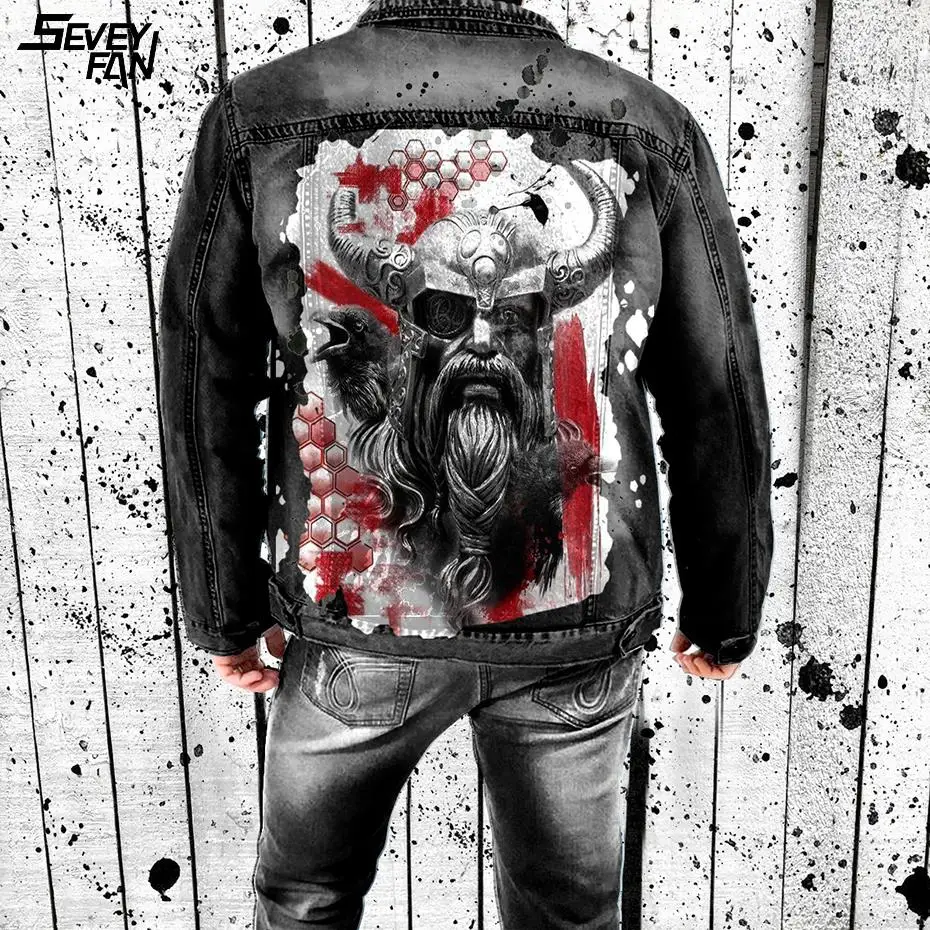 Джинсовая куртка в стиле викингов для мужчин черная модная Облегающая джинсовая