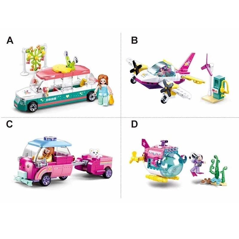 

461PCS creative pink dream paradise plane mengle pet car concierge car explore submarine building block model children DIY toys