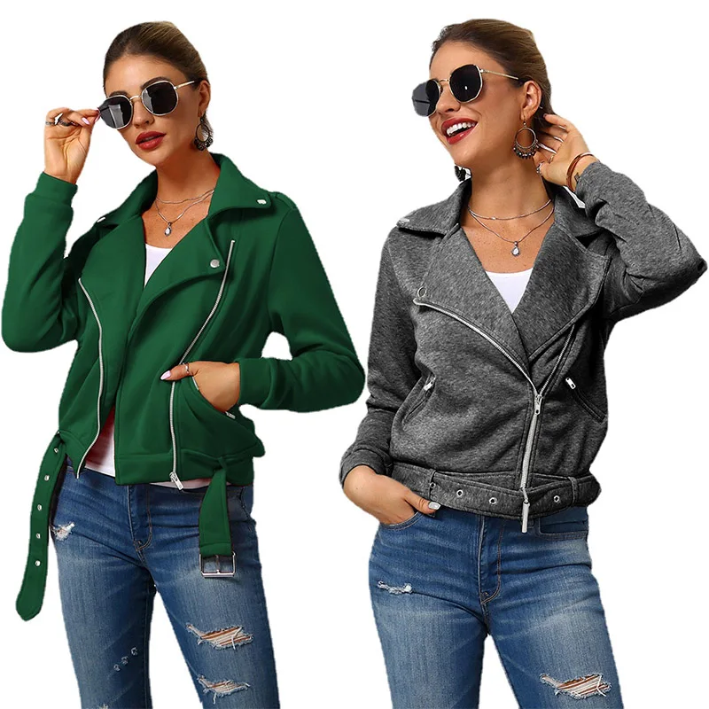 

Fashion Women's Short Jacket Oblique Zipper Motorcycle Coat Solid Color Lapel Sweater Long Sleeve Coats and Jackets for winter