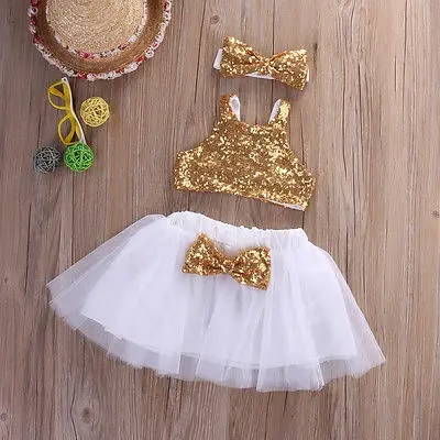 

3pcs Toddler Baby Girl clothes set Sequins sleeveless Tops+Tutu Skirts +Headband Outfits Set clothes