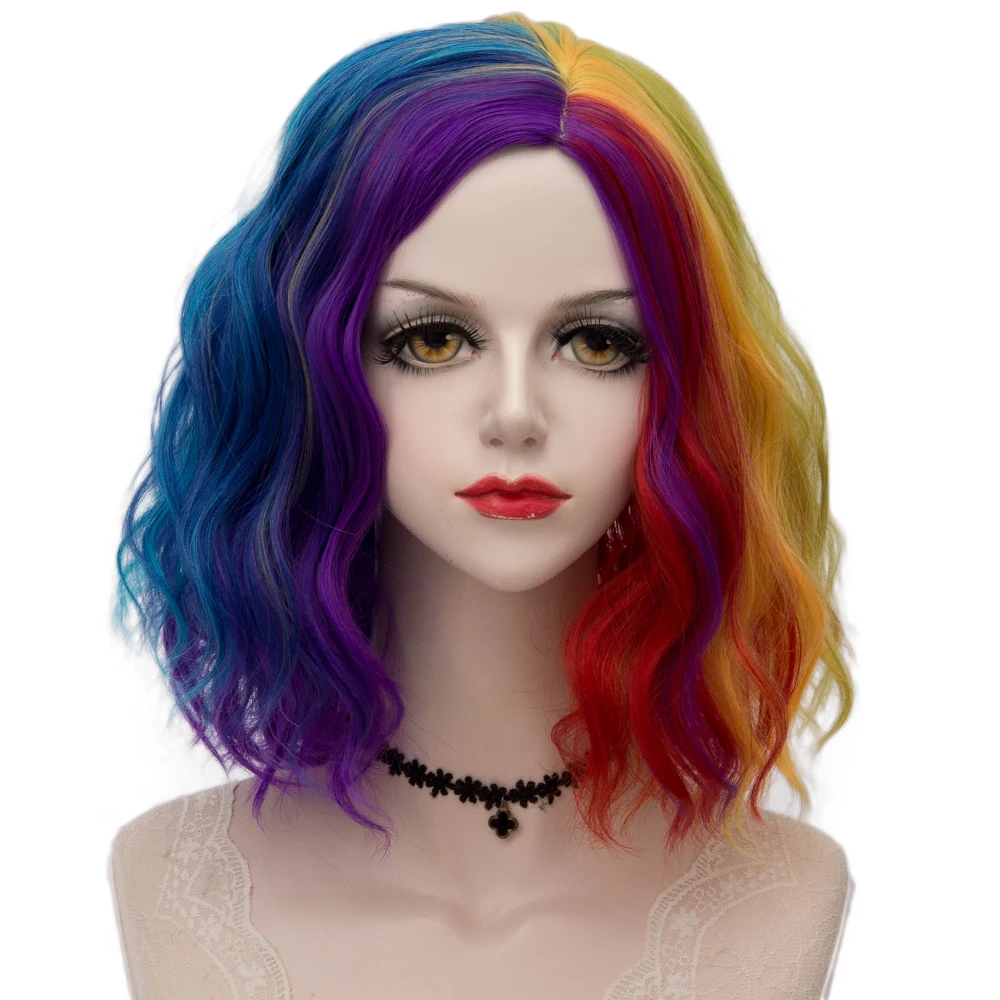 Rainbow wig 03 Косплей микс 35 см многоцветный Лолита косплей пушистый кудрявый Хэллоуин Радужный Омбре синтетический парик+ Кепка - Цвет: Rainbow wig 03