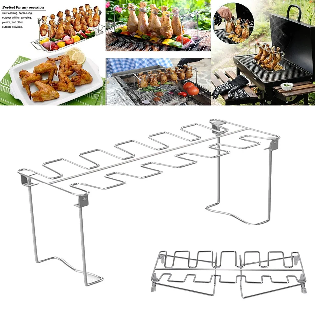 

Stainless Steel Chicken Wing Leg Rack Grill Holder Rack With Drip Pan For Bbq Multi-purpose Chicken Leg Oven Grill Rack 2020