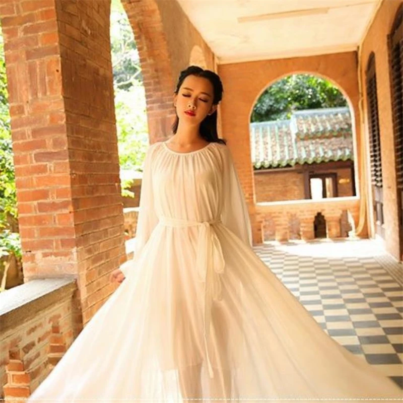 

2021 Spring New Women's Chiffon Large Hem Full Dress Long Sleeve Round Neck Lace up Dress Bohemian Plus Size Long Dress