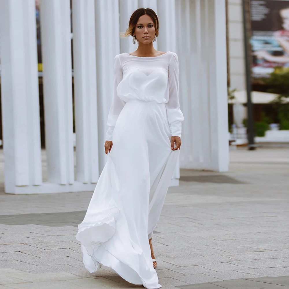 

Beach Chiffon Evening Dress For Woman With Long Sleeves Floor Length Lace Up Back Party Gown Sweep Train Plus Size Vestido Novia