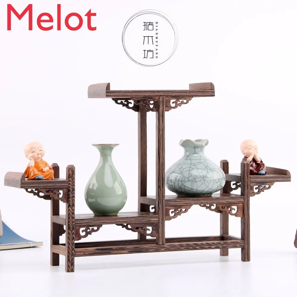 

Multi Chinese Retro Storage Rack Chicken Wing Solid Wood Purple Teapot Tea Set Shelf Racks Display Stand Organizer