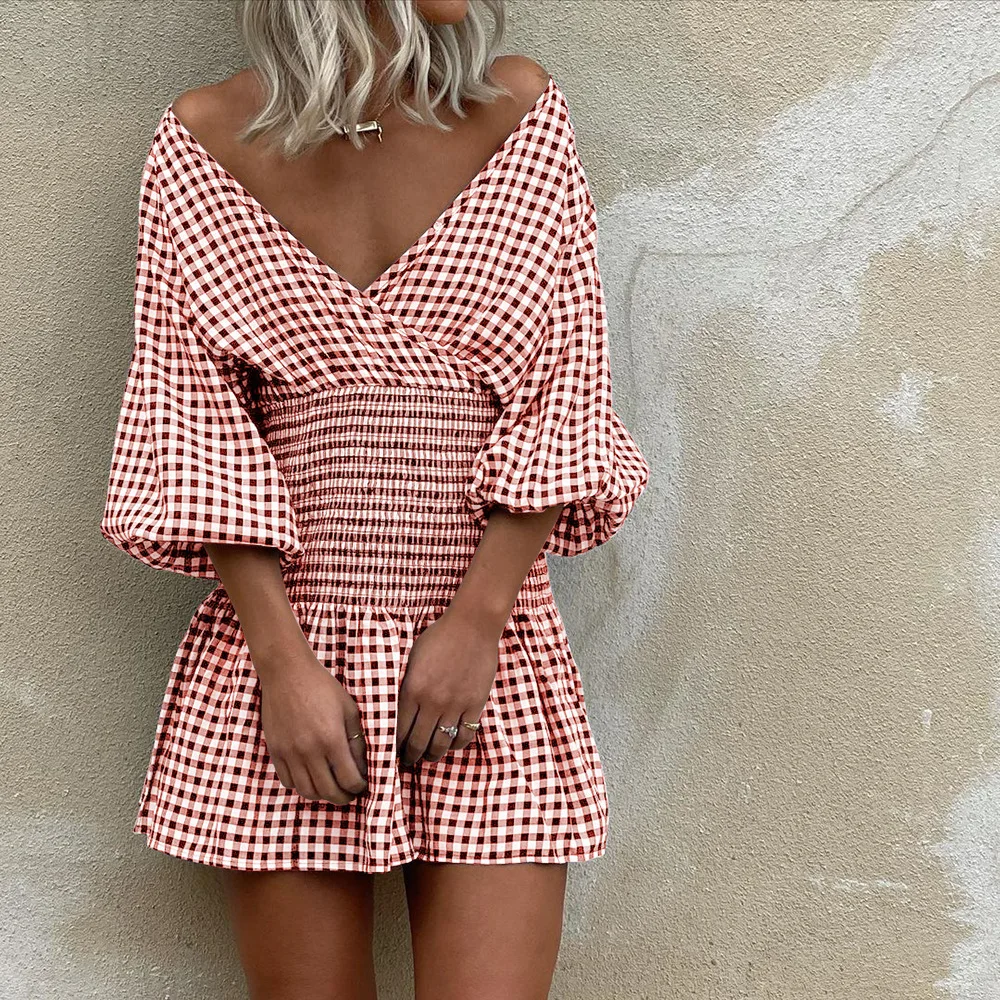 

Women plaid print summer short dress sukienka Sexy v-neck half sleeve high waist mini dress Black pink yellow blue beach dresses