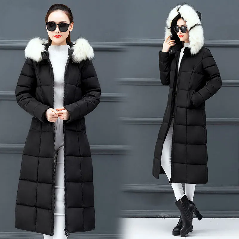 black white fur Разноцветное пальто с мехом большого размера, зимнее пуховое пальто с капюшоном, Женская куртка, Толстая теплая длинная стеганая парка с хлопковой подкладкой, ветровка с рукавами - Цвет: black white fur