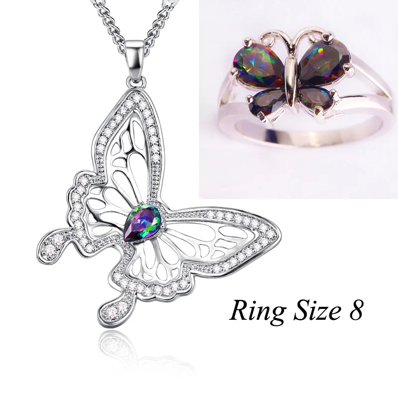 Multicolor-Size 8 Lingmei, новинка, модные свадебные кольца с бабочкой, синяя Радуга, циркониевое ювелирное изделие для женщин, серебряное кольцо, подвеска, ожерелье, цепь, вечерние, подарки - Окраска металла: Multicolor-Size 8