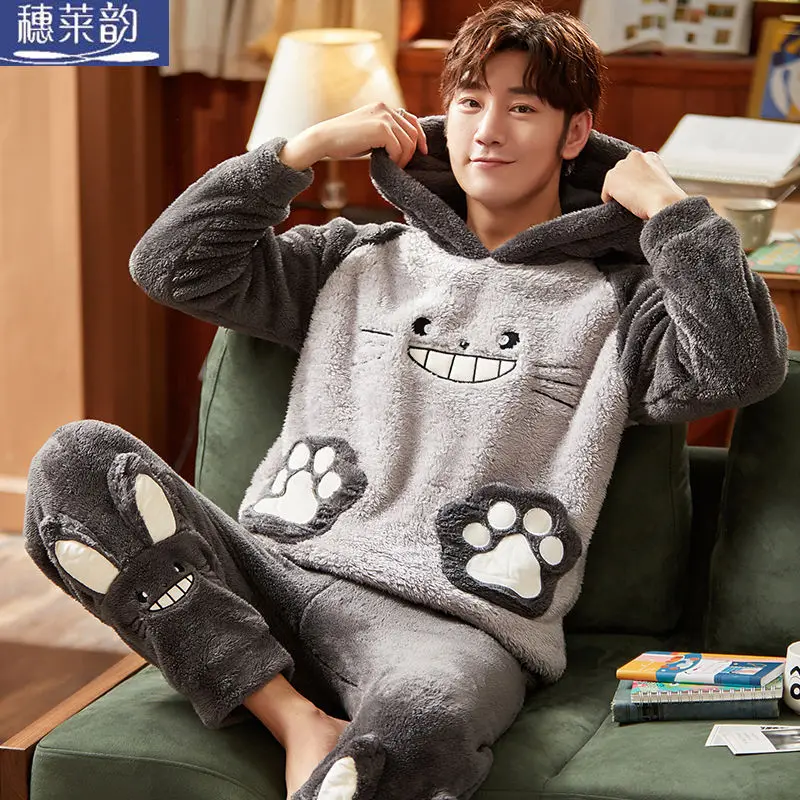 Pajamas men's autumn and winter facecloth thickened velvet students youth coral fleece large yards men's home furnishing suit