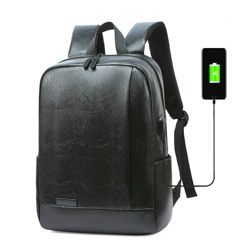 

Men's PU Leather Black Laptop Usb Charger Backpack Male Waterproof Lightness Back Bags Travel School Outdoor Bookbag New 2021