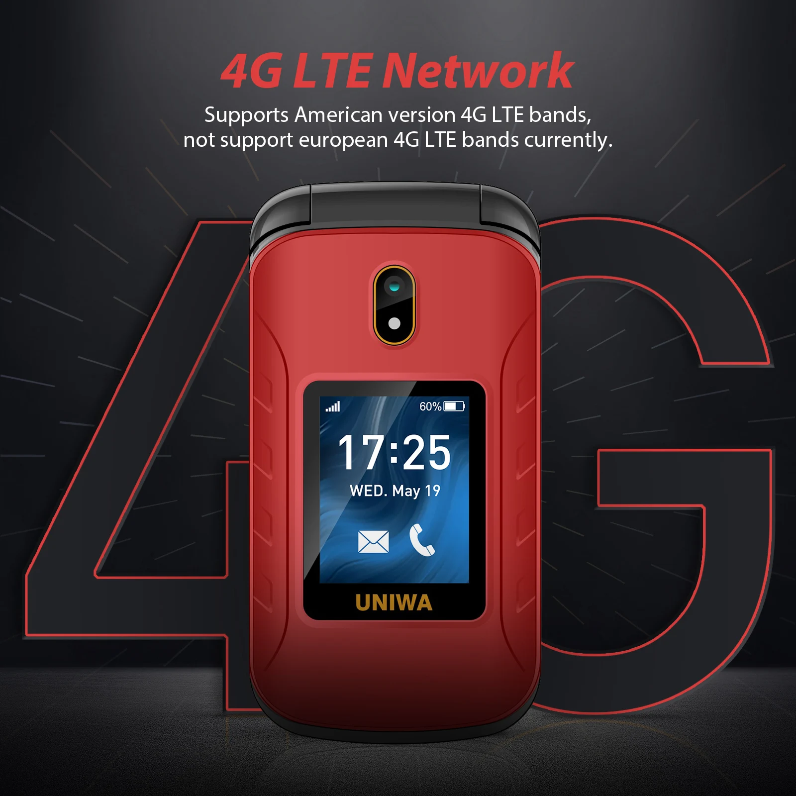 UNIWA V909T 4G Flip Phone Big Push-Button Dual Screen 0.3mp Camera FM Radio Russian Hebrew Keyboard Clamshell Cellphone