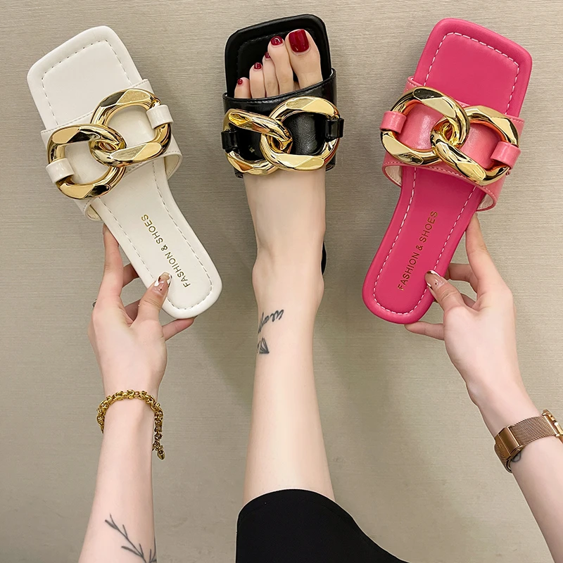 

New Slipper Ladies Shoes 2021 High Quality Slides Sandals Women Shoes Fashion Design Chain Flat Shoes Female Slippers