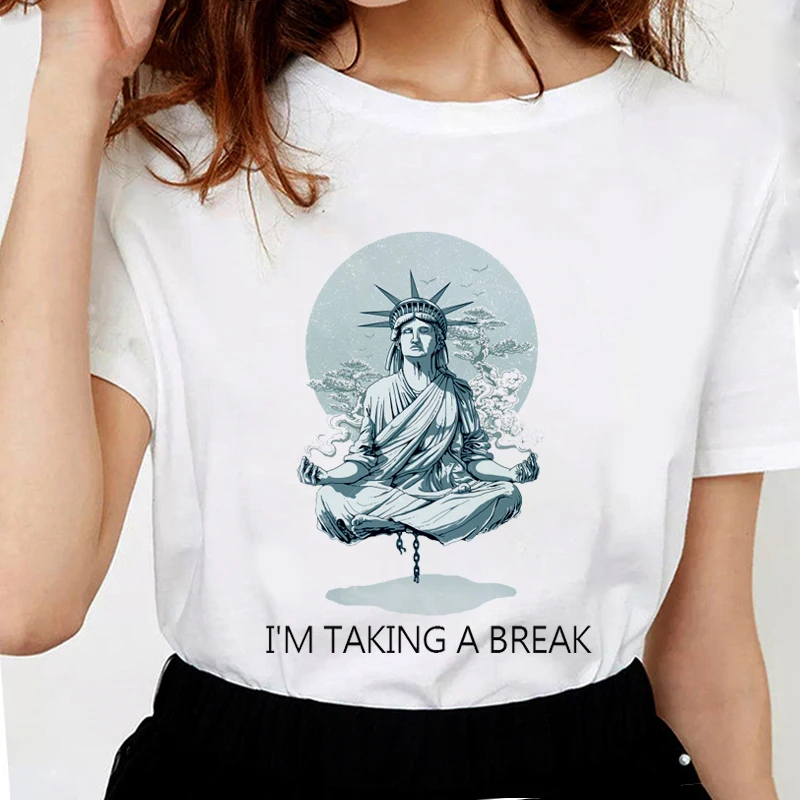 

New Fashion Liberty Statue T-Shirt Women Funny I'M TAKING A BREAK Letter Print Soft Cotton t shirt Women White Tops
