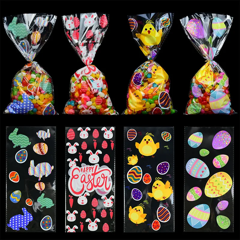 

50pcs Easter Candy Bag Bunny Eggs Chick Print Cellophane Snack Bags Clear Cookie Packing Bag for Easter Presents Party Supplies