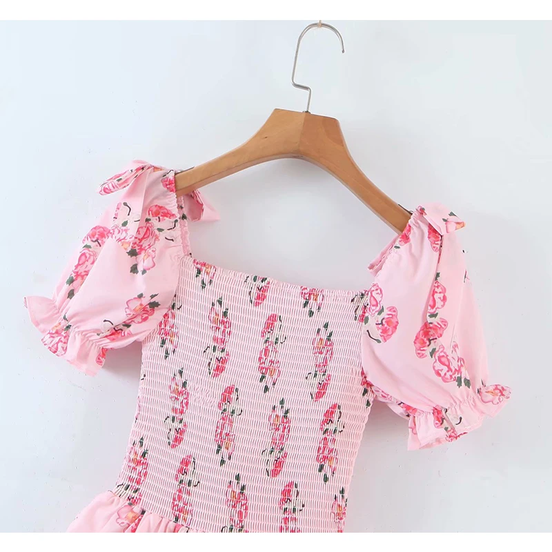 

YENKYE Sweet Bow Floral Print Pink Princess Dress Women Puff Sleeve Sexy Lace Trims Layered Party Dress Lady Summer Short Robe