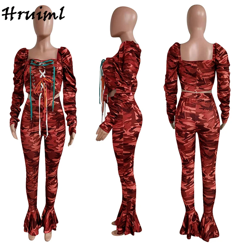 

Sport Set Women Strappy Ruffle Printing Casual Two Piece Set Top and Pants New Arrival Square Collar Two Piece Outfits