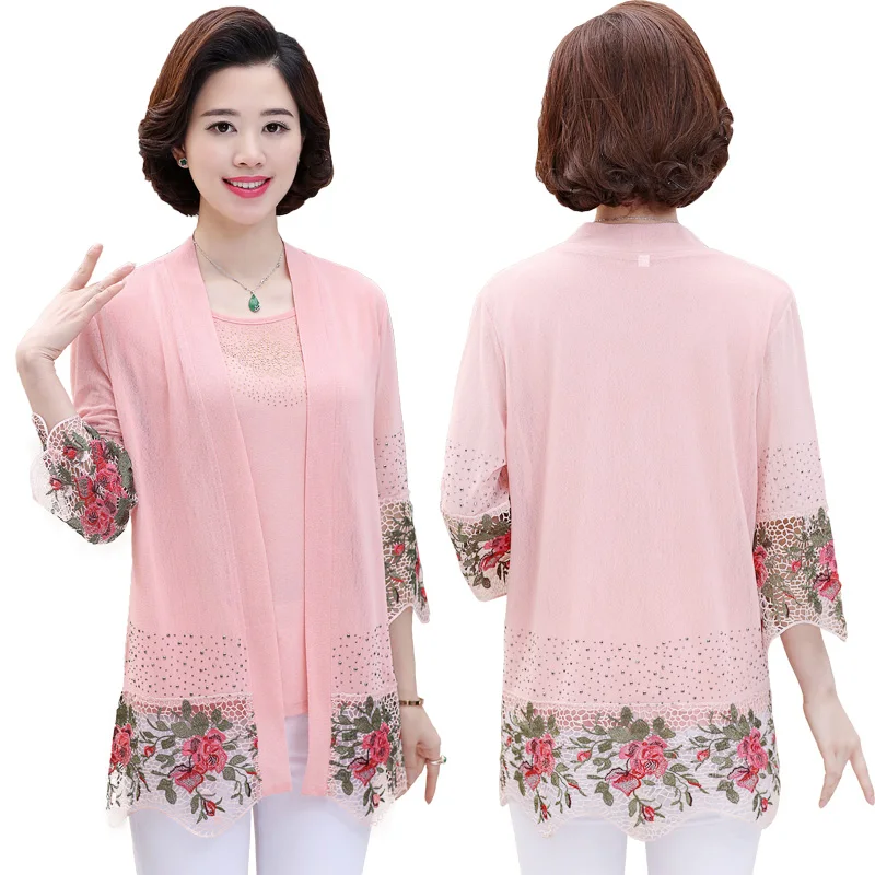 

Летний комплект из двух предметов для женщин среднего возраста, кружевной топ с вышивкой, костюм с кардиганом для женщин, 2021