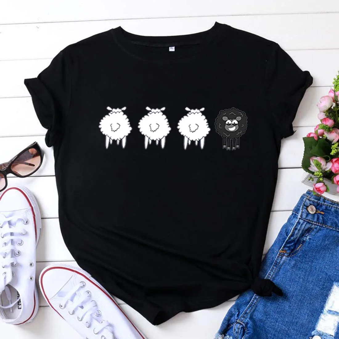 

Funny Graphic T Shirt Women Cotton Harajuku Tshirt Women Shrot Sleeve Loose Camiseta Mujer Black White Tee Shirt Femme T-shirt