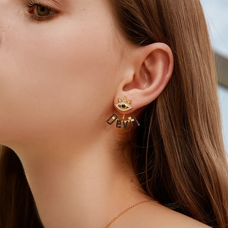 Женские асимметричные серьги SLJELY из серебра 925 пробы с черным цирконием желтого и