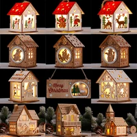 diy natural wooden hanging log cabin with warm led lights christmas ornaments wood glowing castle lamp new year gifts kids toys