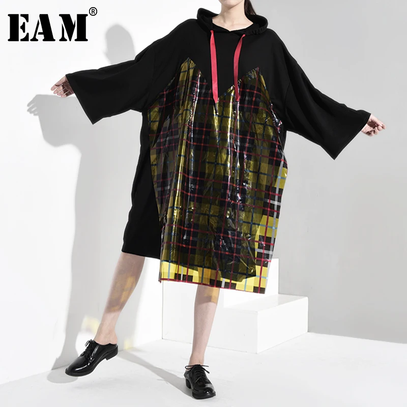 [EAM] свободный крой, черный, ПВХ, длинный свитер в клетку, новинка, с капюшоном, с длинным рукавом, для женщин, большой размер, модный стиль, Осень-зима, 1B059