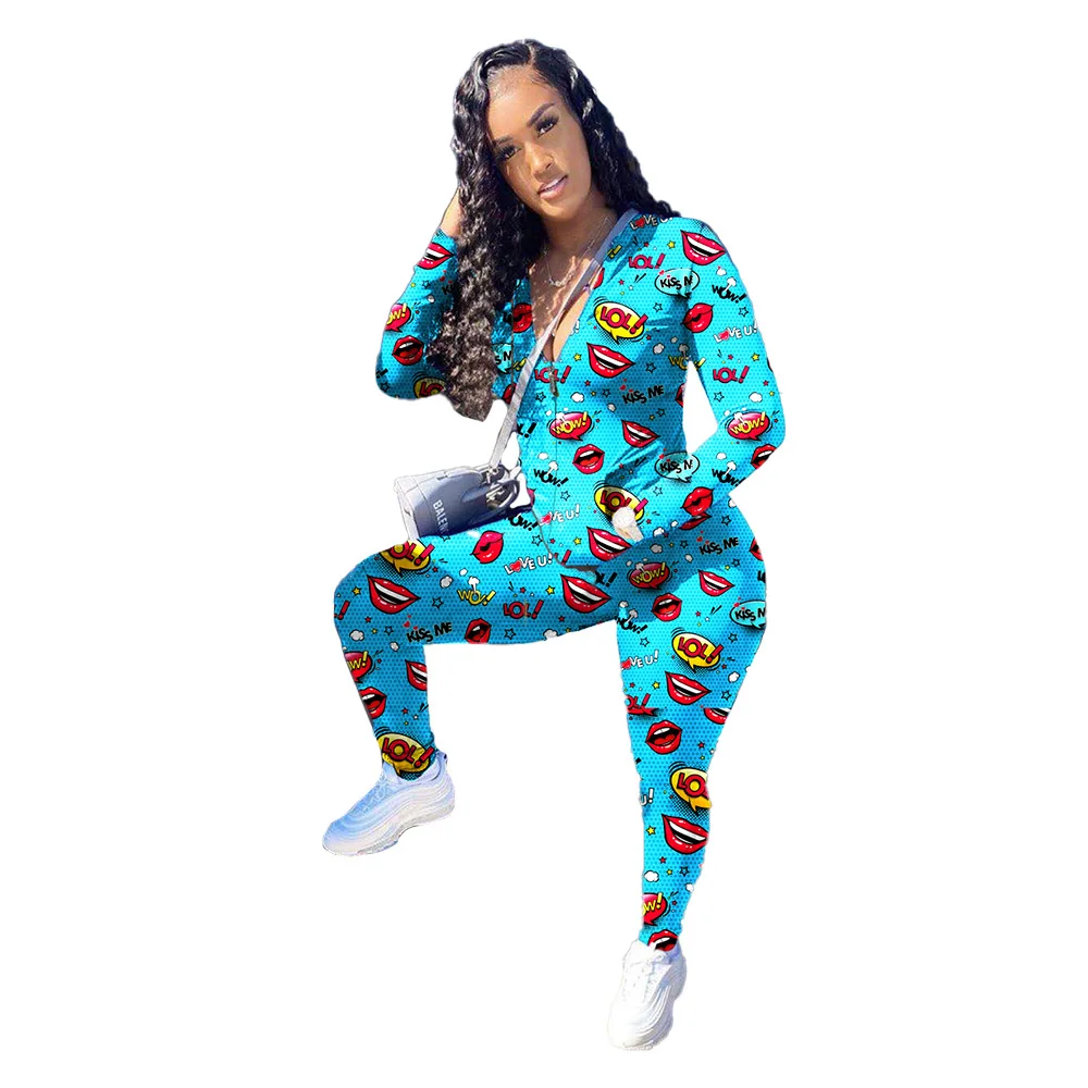 

FNOCE Cross-border Foreign Trade Women's fashion Street Nightclub Printing Casual Long-sleeved Trousers Two-piece Suit Women