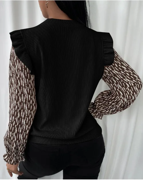 

WEPBEL Women's Casual Long Sleeve O-Neck Loose Pullover Top Autumn and Winter Fashion Print Stitching Ruffle Tops