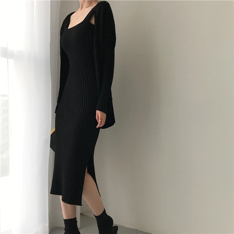 Autumn and winter new versatile slim fashion sexy knit cardigan suit strap dress women's autumn and winter foreign two-piece women