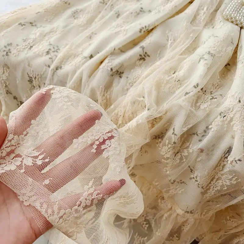 

Lace Floral Dress Women Summer 2021 French Style Ruffle Puff Sleeve Dress Elegant Chic Retro Fashion Clothing Vintage Dresses