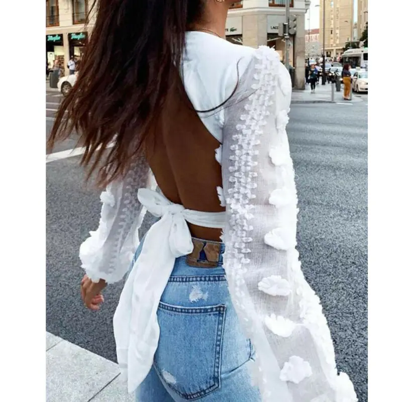 

Women Long Sleeve V Neck Crop Tops Ladeis Party Club Backless Bandage Shirt