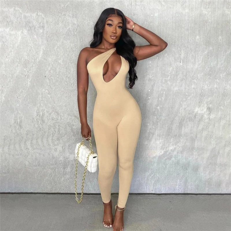 

One Shoulder Sexy Cut Out Rompers Womens Jumpsuit 2021 Streetwear Solid Backless Active Wear Skinny Slim Jumpsuits Summer
