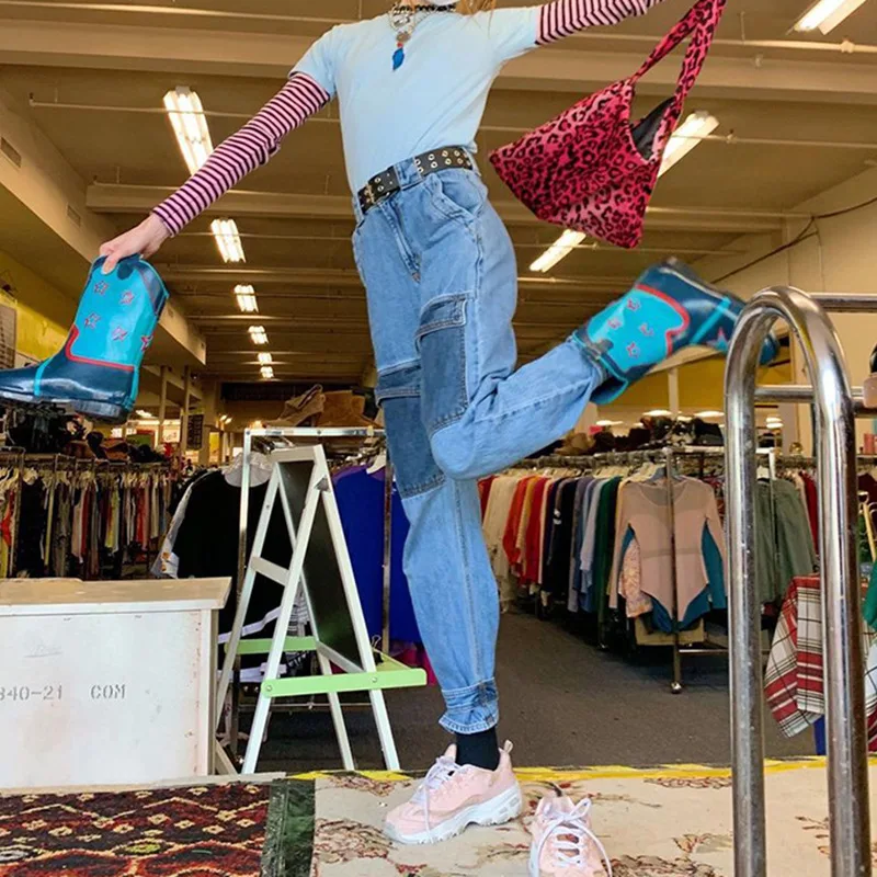 

2020 New Arrivals Woman Autumn Winter High Waist Ladies Jeans Patchwork Casual High Street Denim Stright Pants