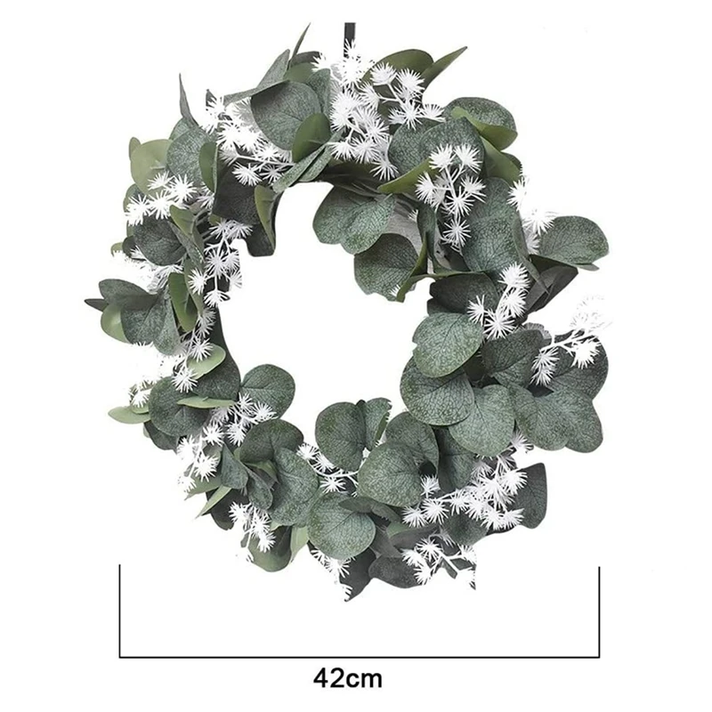 

Artificial Eucalyptus Green Leaf Wreath with Cotton, Spring Summer Outdoor Ornaments for Front Door Home Decor 16.5 Inch