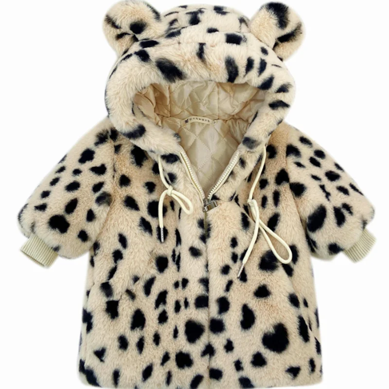 Girls winter clothes leopard padded coat baby wool New faux fur coat quilted cotton warm