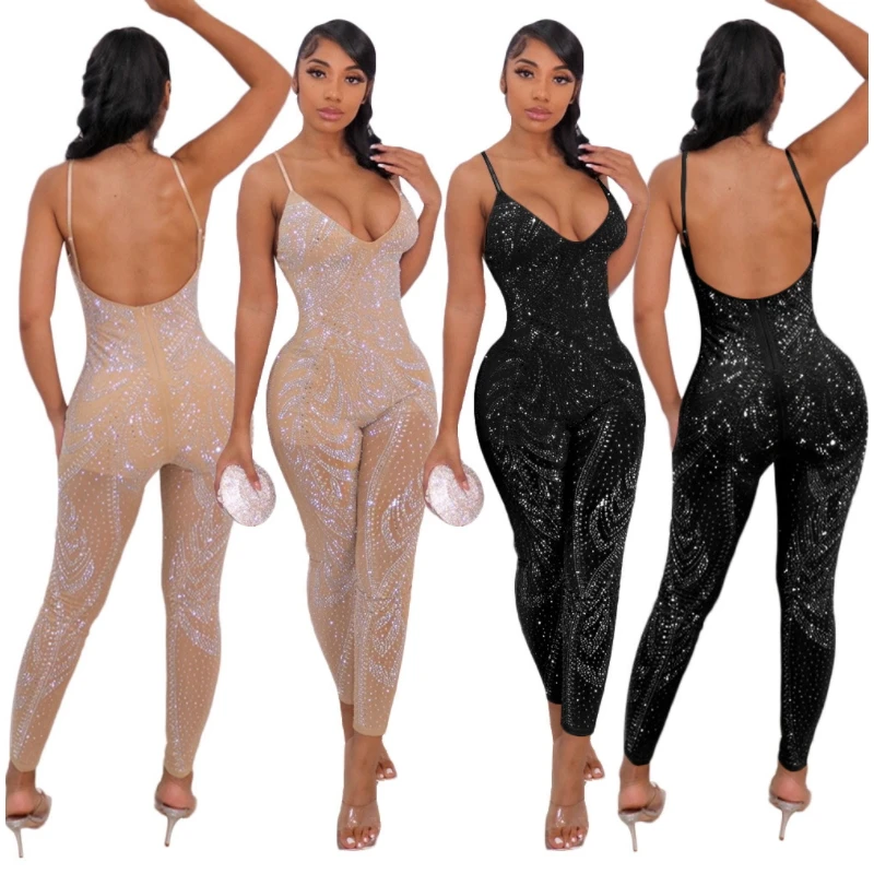 

Open Back Zip Bandage Jumpsuits And Rompers For Women Deep V Neck Bodycon Bodysuit Sexy Diamond Beading See Through Mesh Tight