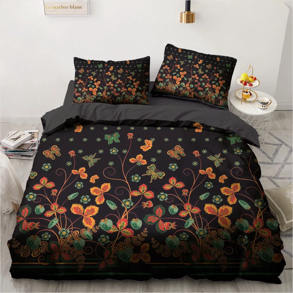 

3D Black Duvet Cover Sets Custom Design Flower Bed Pillow Covers Full King Queen Super King Twin Size Figure Bedding Set
