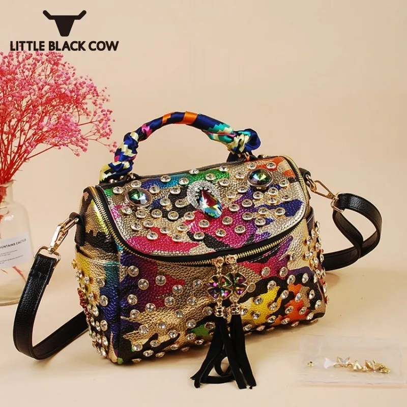 Сумка-тоут женская из экокожи модный саквояж кросс-боди с кисточками и стразы