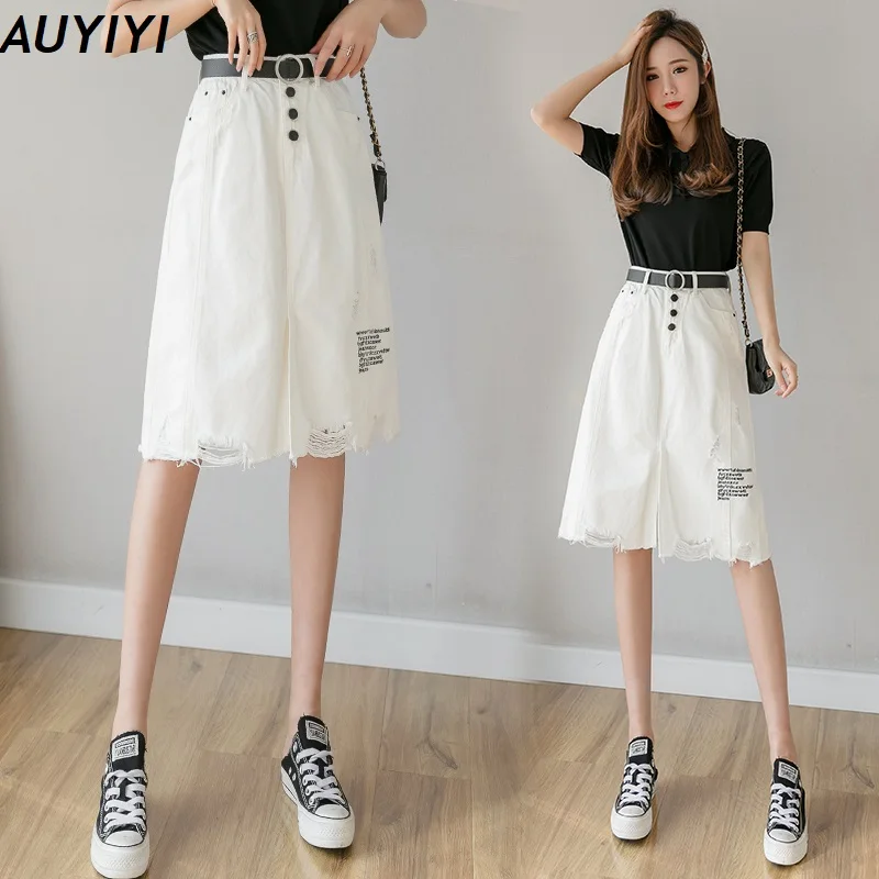 

Summer 2021 new fashion embroidery white women's high waist ripped half-length mid-length denim skirt AUYIYI