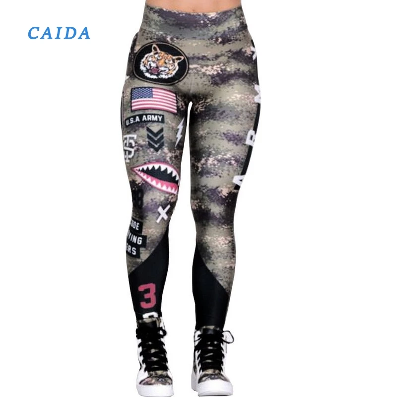 Синие камуфляжные спортивные брюки CAIDA с принтом США женские леггинсы для